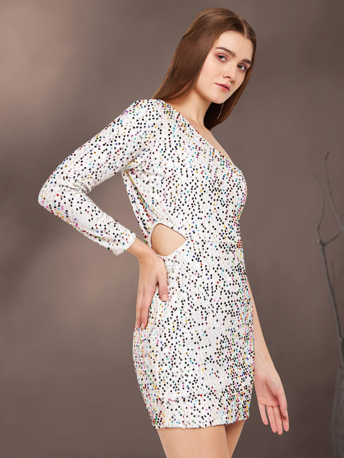 Women White Sequin Cutout One Shoulder Mini Dress