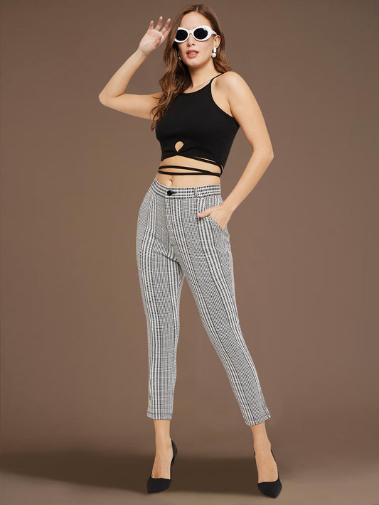 Women White Black Check Stretch Trouser