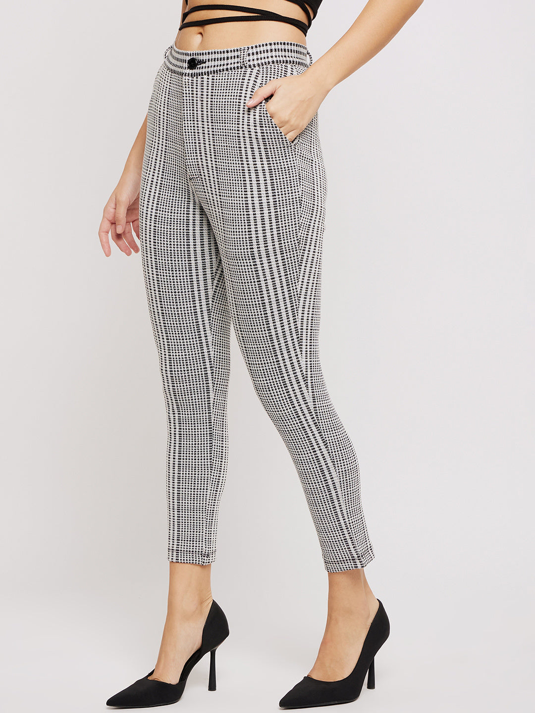 Women White Black Check Stretch Trouser
