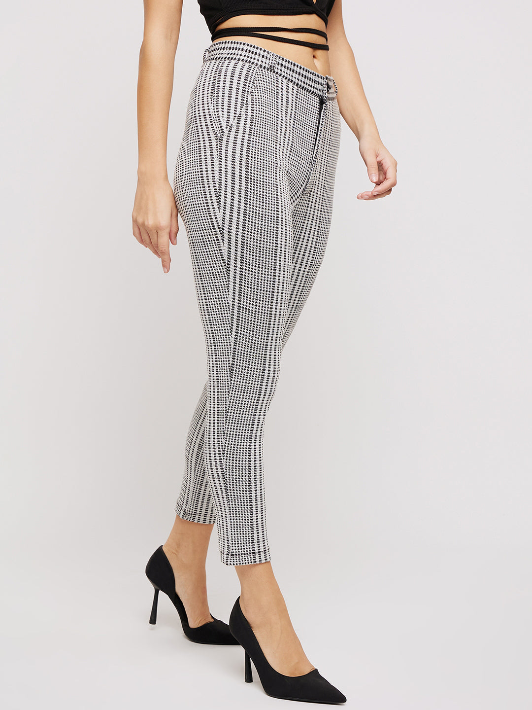 Women White Black Check Stretch Trouser