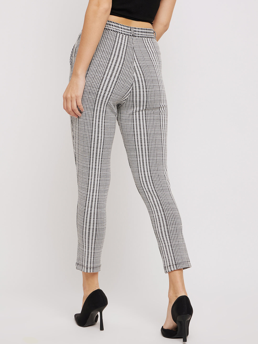 Women White Black Check Stretch Trouser