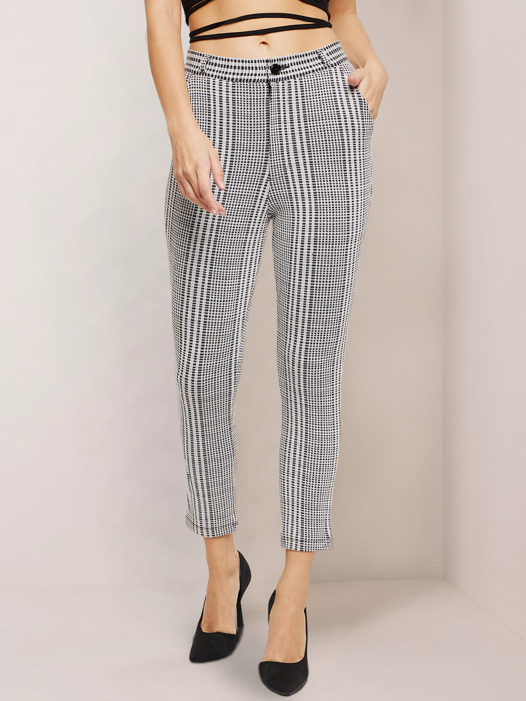 Women White Black Check Stretch Trouser