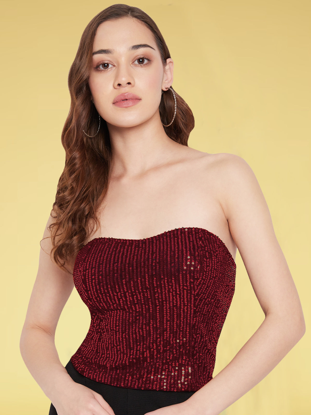 Women Maroon Sequin Slinky Corset Crop Top