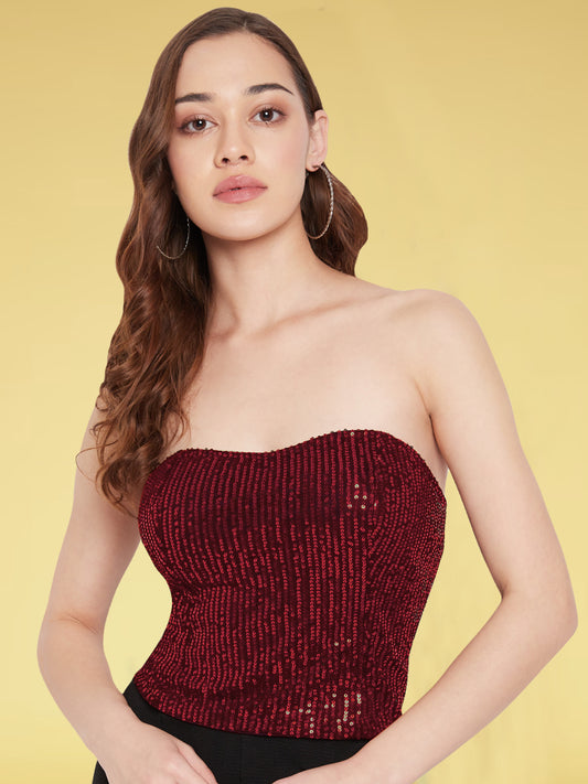 Women Maroon Sequin Slinky Corset Crop Top