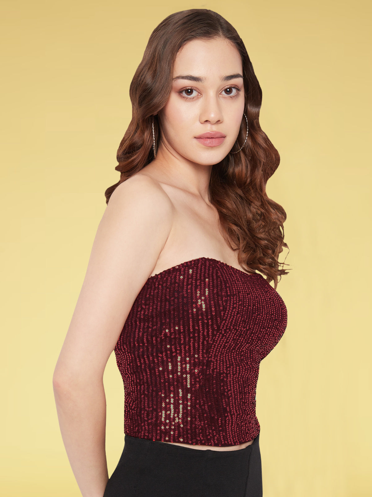 Women Maroon Sequin Slinky Corset Crop Top