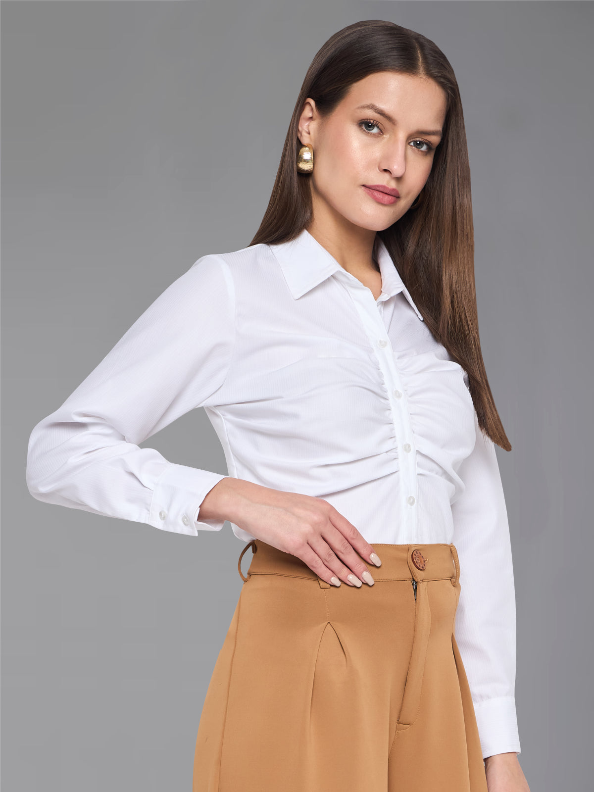 Women White Cotton Ruched Shirt