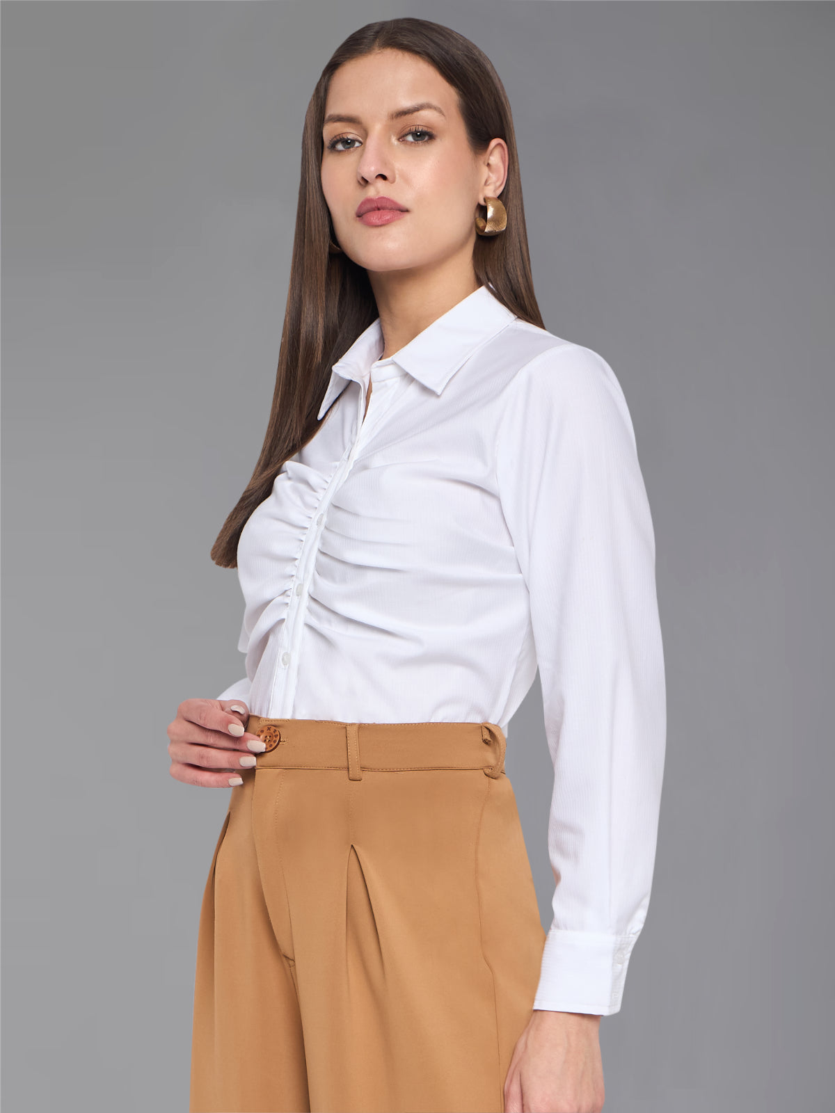 Women White Cotton Ruched Shirt