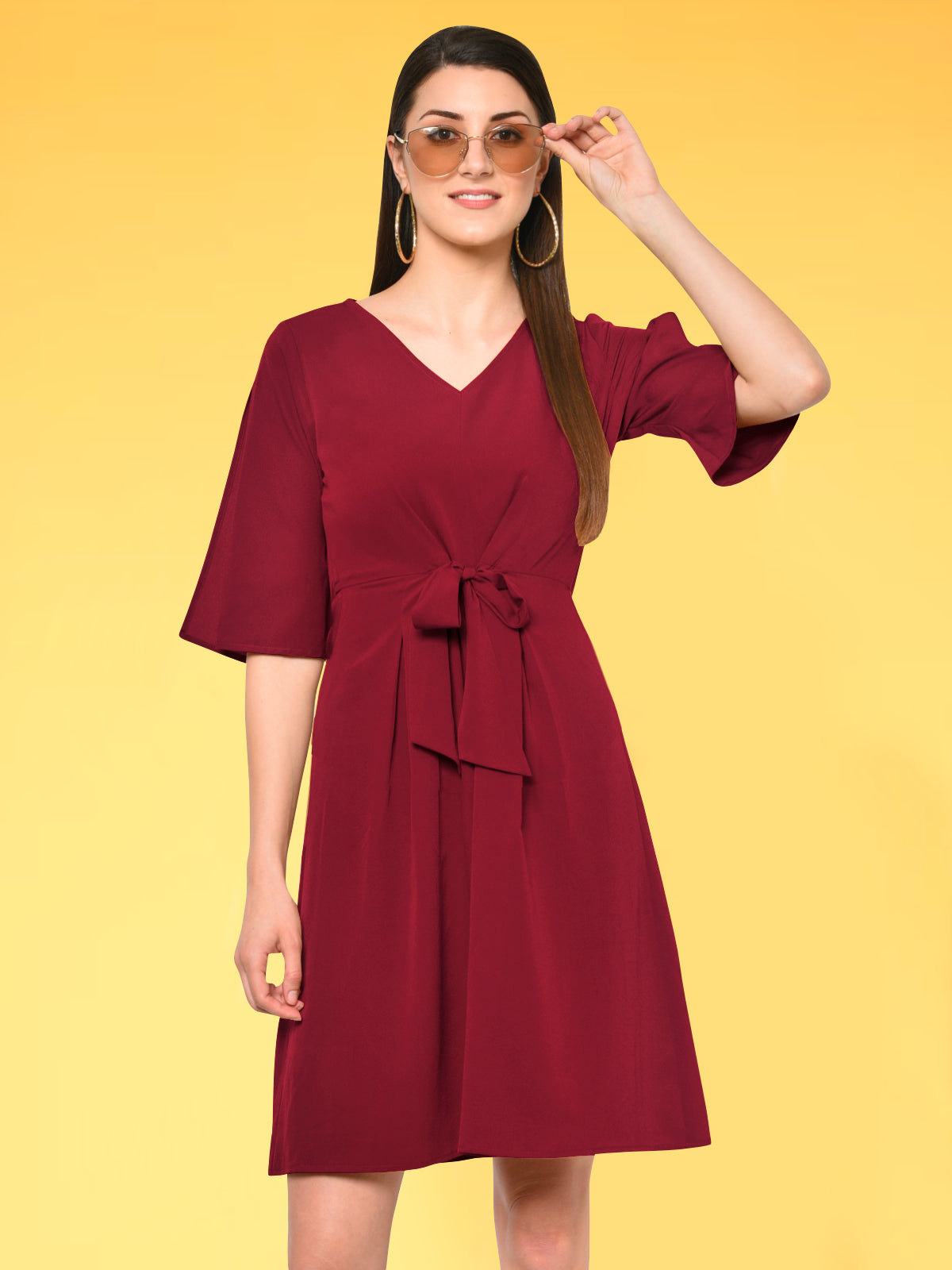 Women Maroon Tie Up Dress