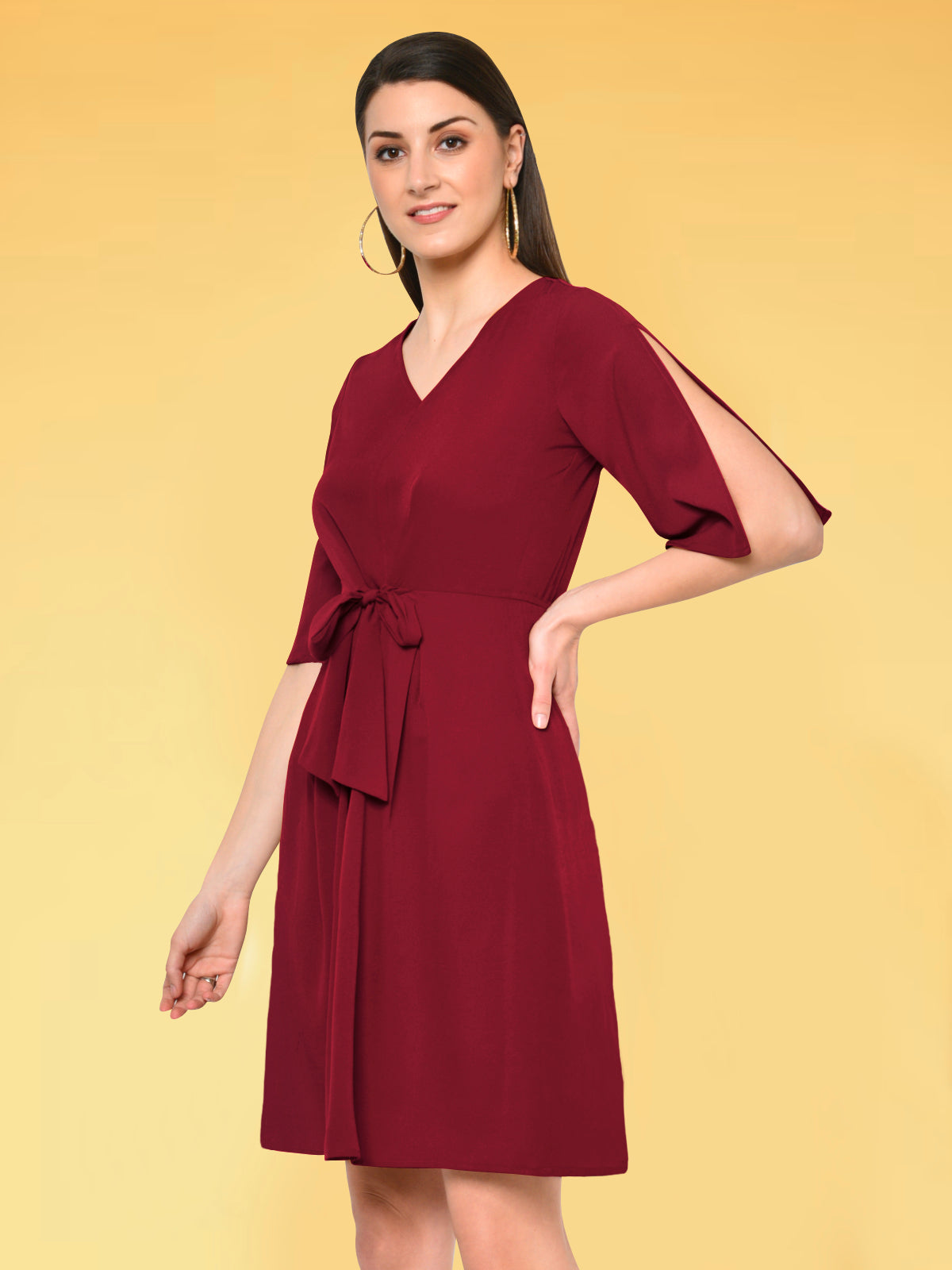 Women Maroon Tie Up Dress