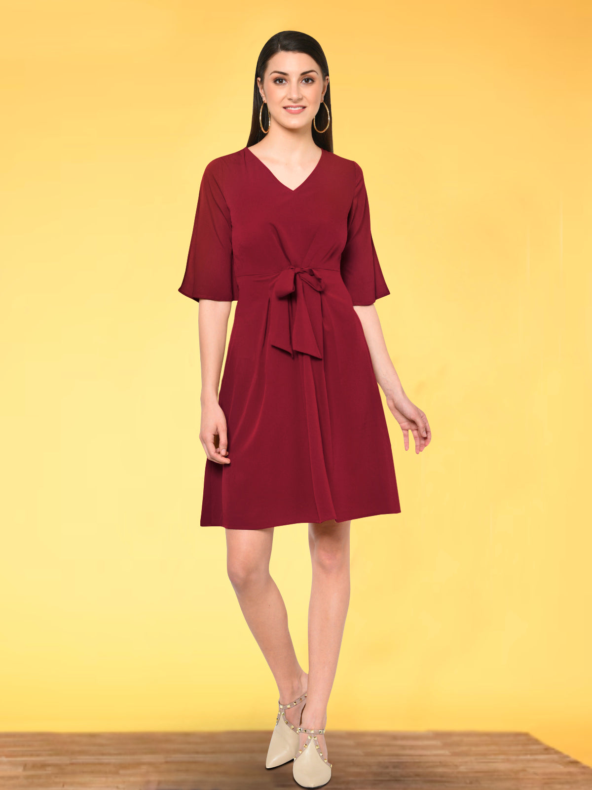 Women Maroon Tie Up Dress