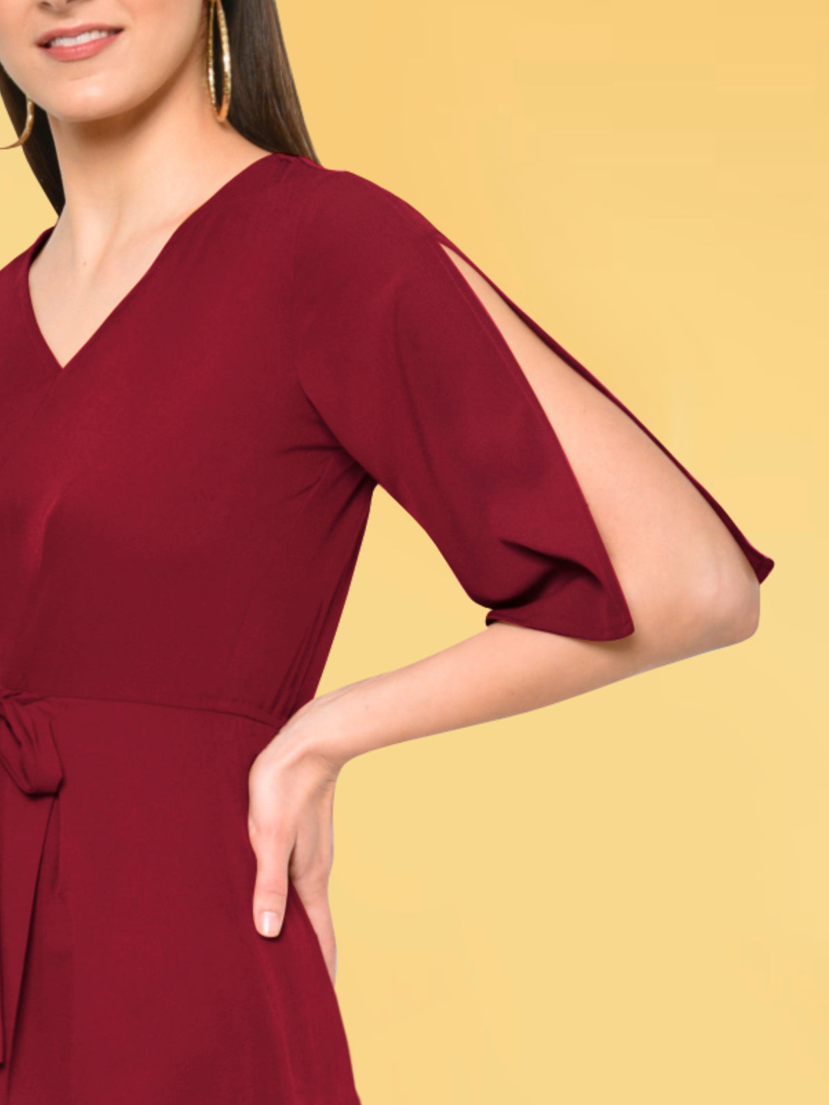 Women Maroon Tie Up Dress