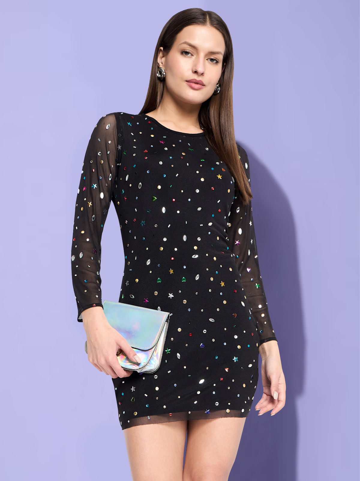 Women Black Multi Stone Embellished Bodycon Dress