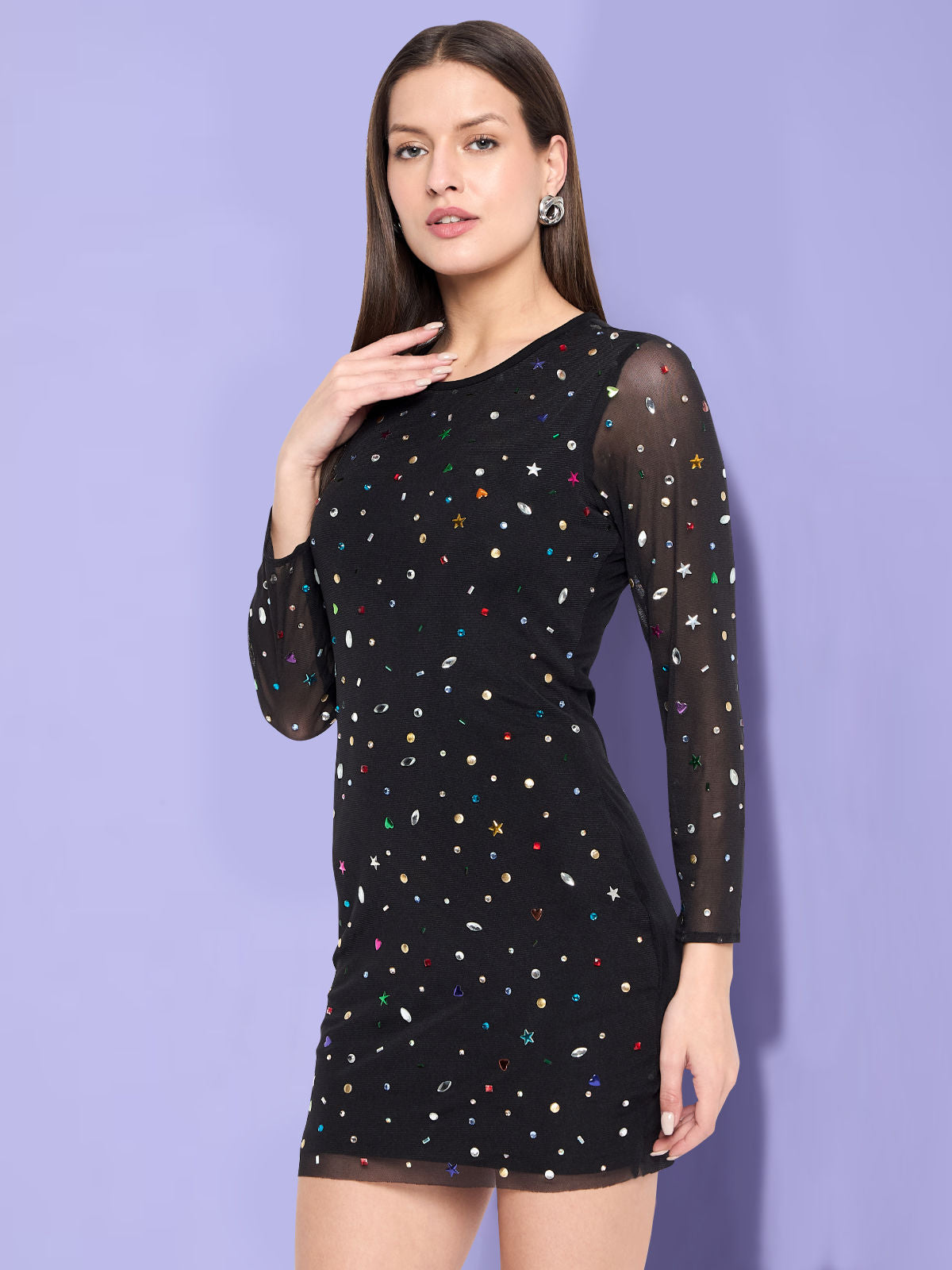 Women Black Multi Stone Embellished Bodycon Dress