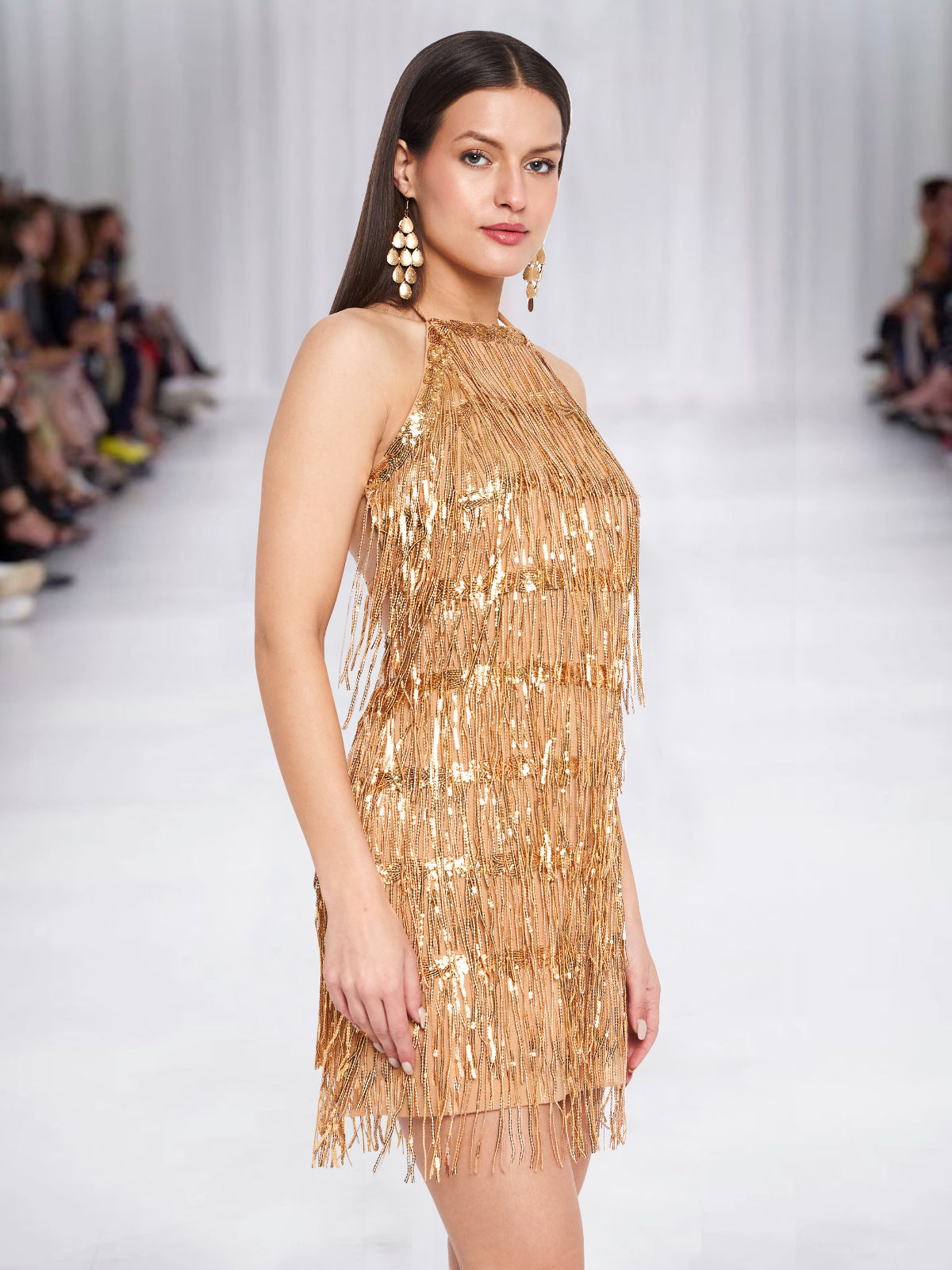 Women Golden Halter Neck Fringe Short Dress