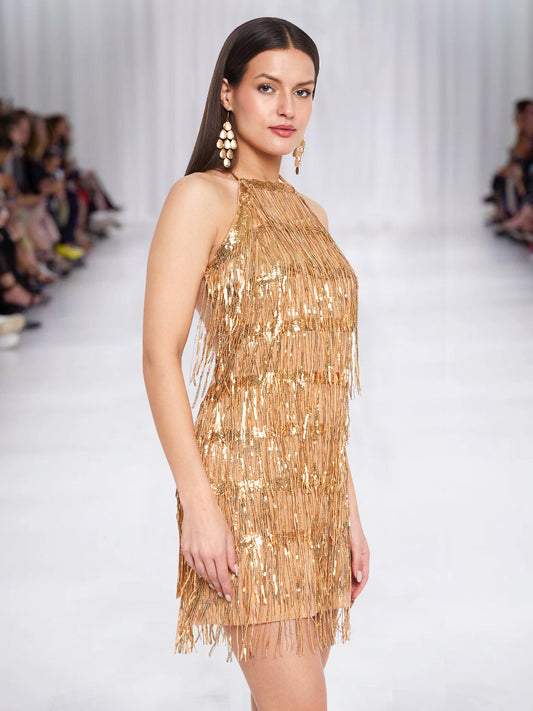Women Golden Halter Neck Fringe Short Dress