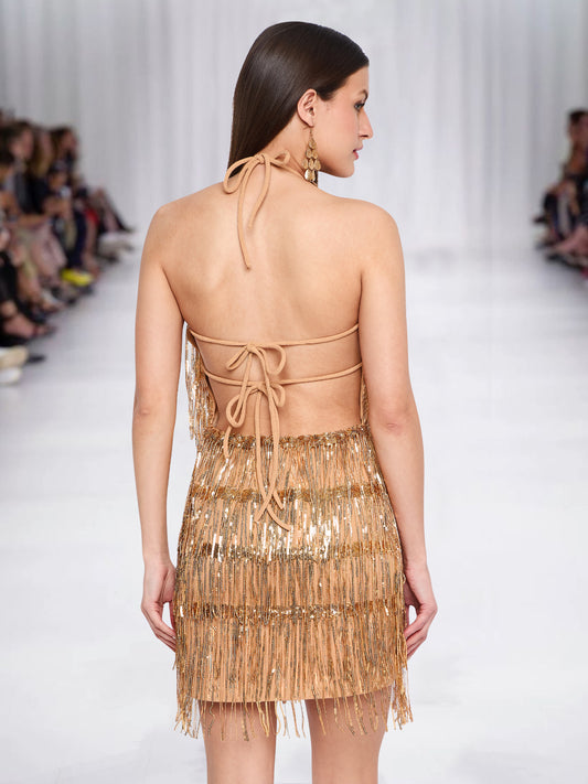 Women Golden Halter Neck Fringe Short Dress