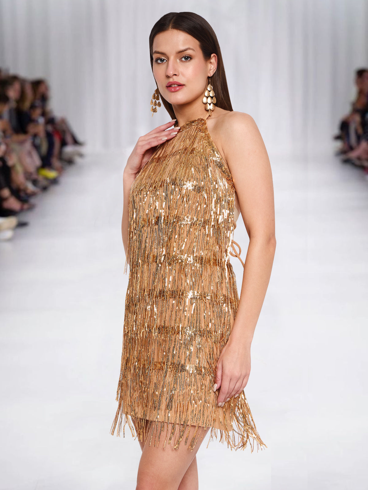 Women Golden Halter Neck Fringe Short Dress