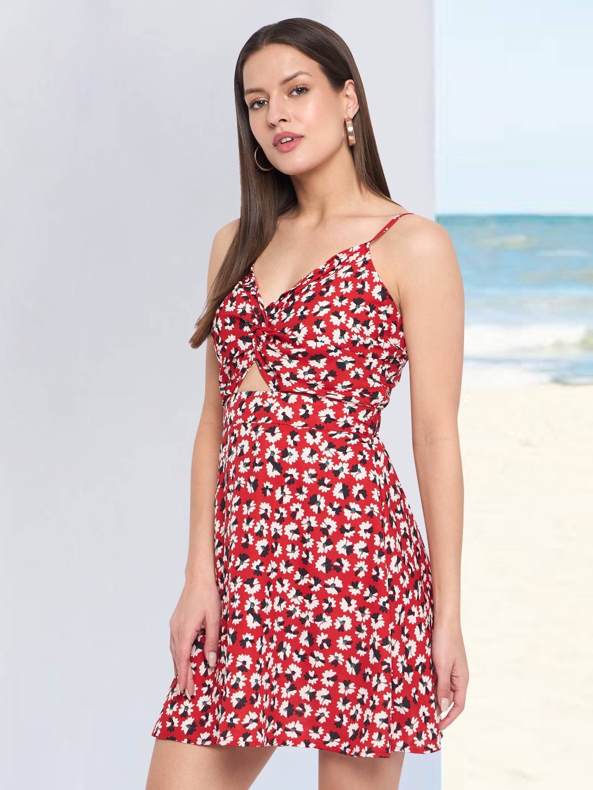 Women Red Black Floral Back Knot Dress