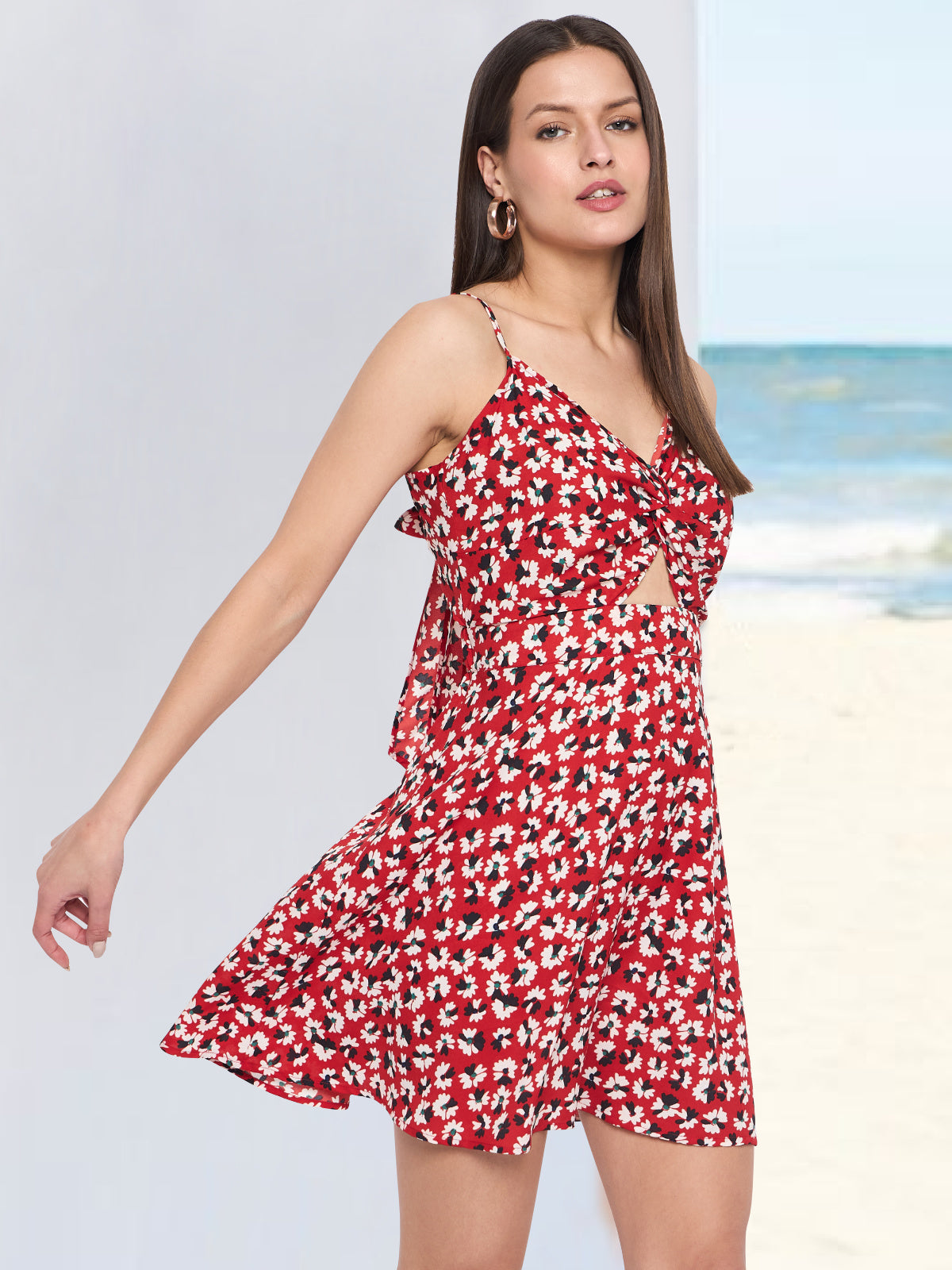 Women Red Black Floral Back Knot Dress