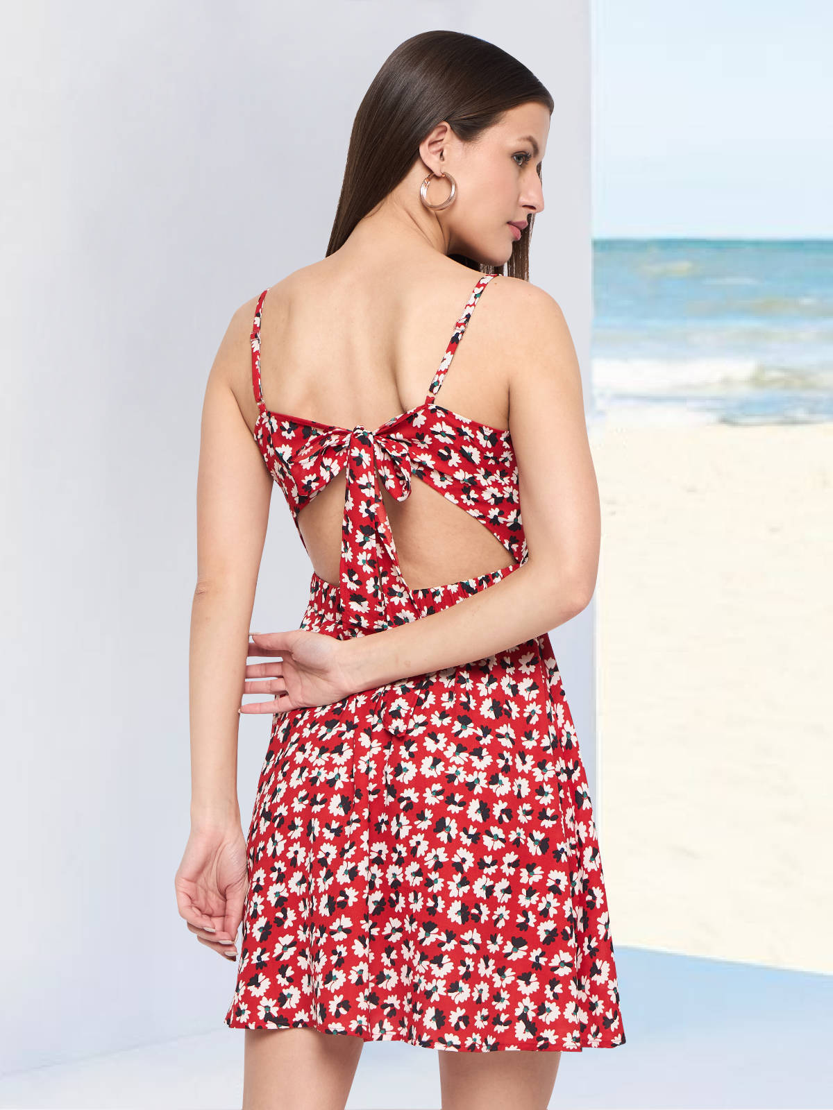 Women Red Black Floral Back Knot Dress