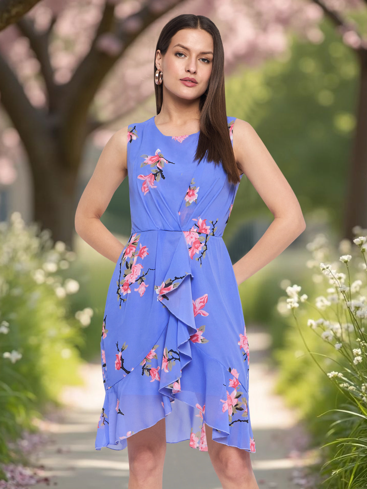 Women Blue Ruffle Floral Dress