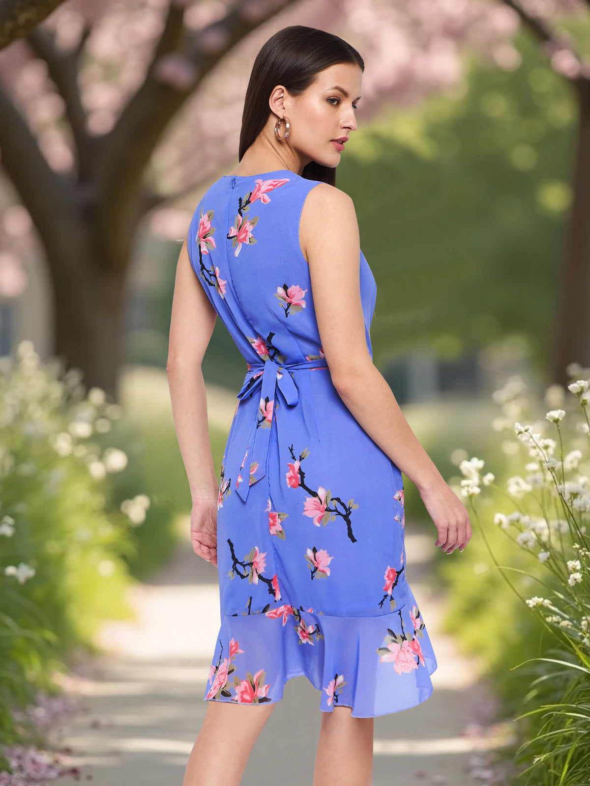 Women Blue Ruffle Floral Dress