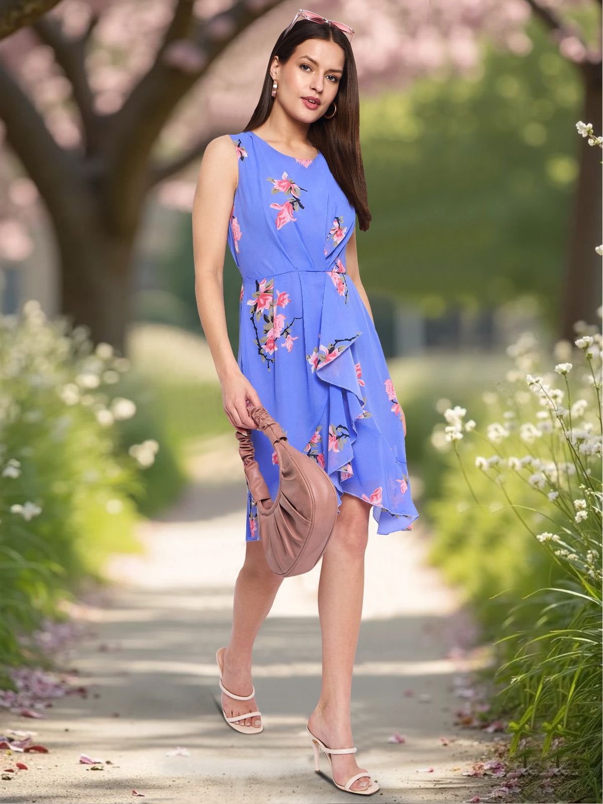 Women Blue Ruffle Floral Dress