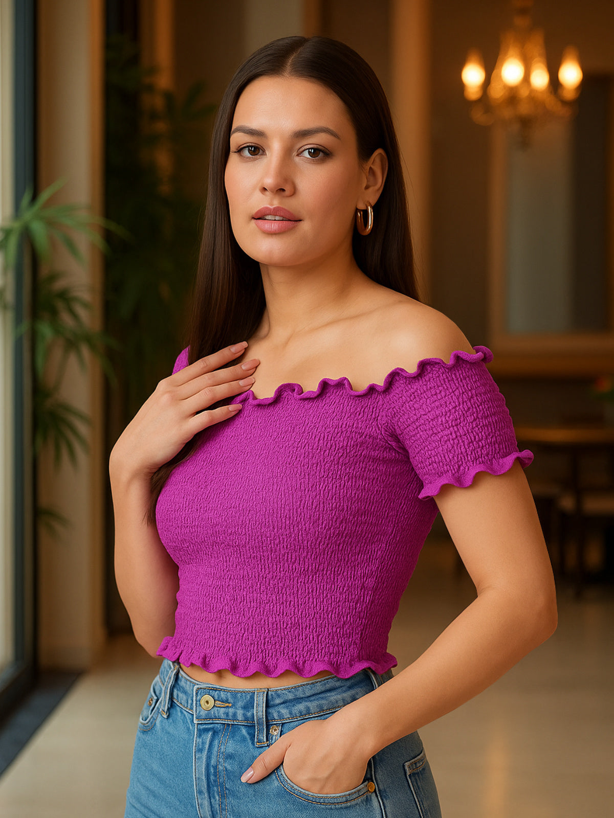 Women Purple Shimmer Crop Top