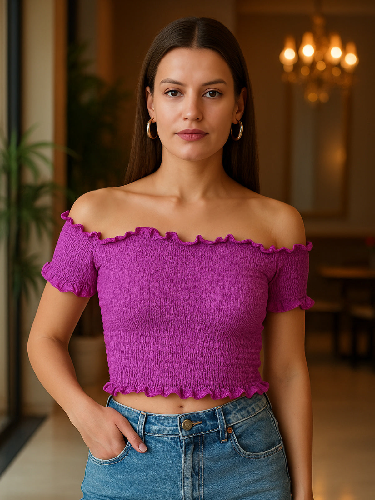 Women Purple Shimmer Crop Top