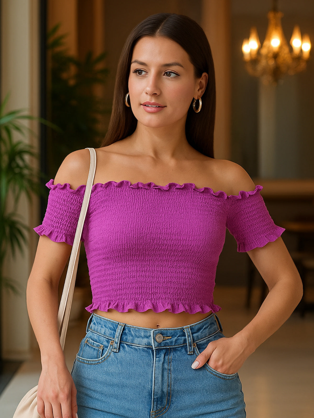 Women Purple Shimmer Crop Top