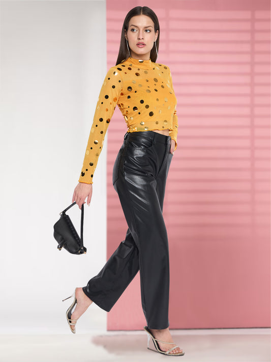 Women Yellow Gold Net Crop Top