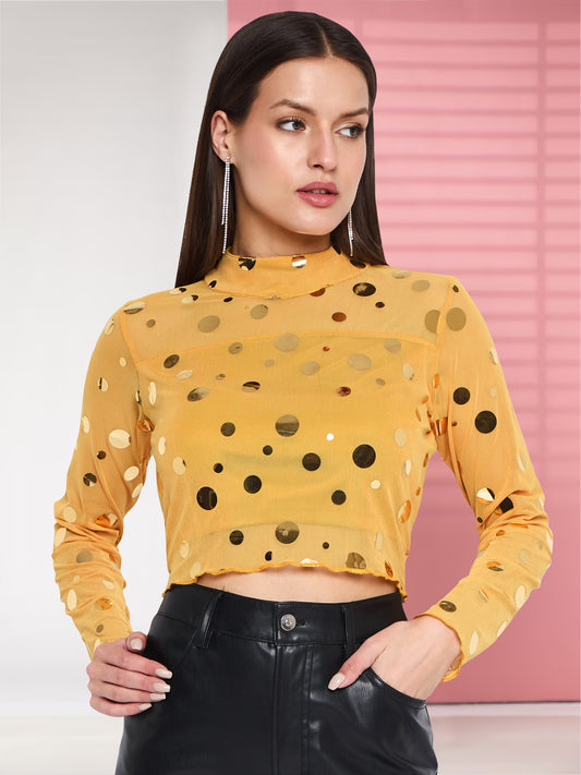 Women Yellow Gold Net Crop Top