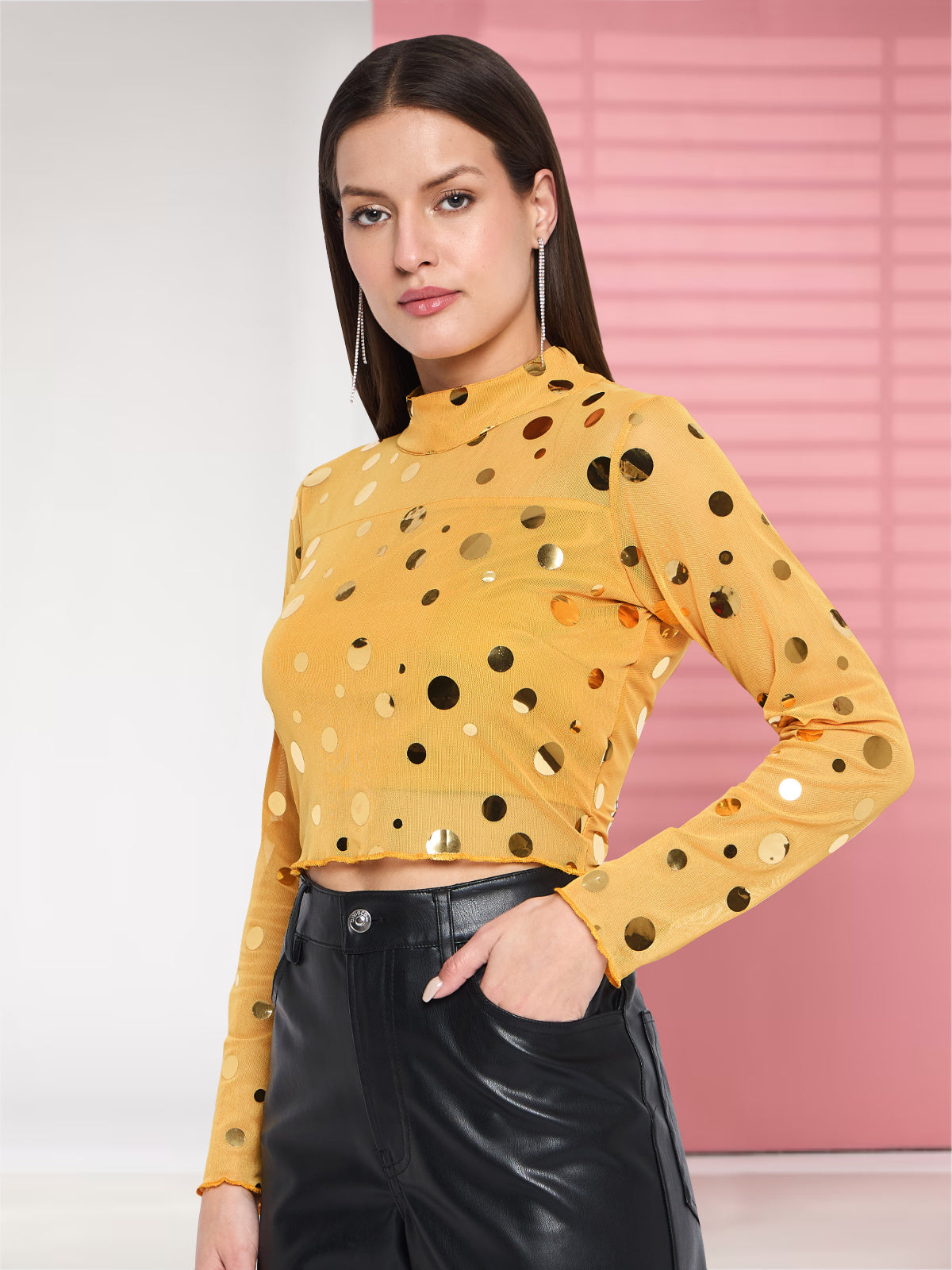 Women Yellow Gold Net Crop Top