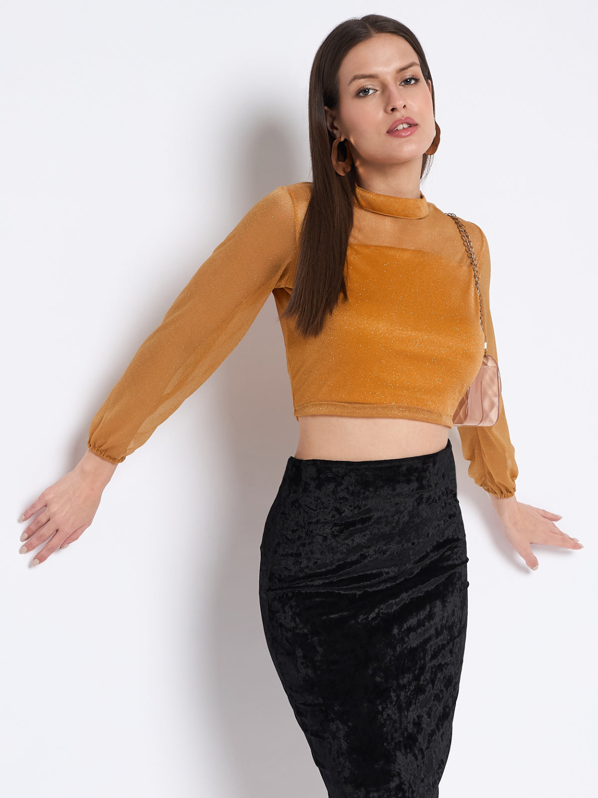 Women Mustard Glitter Crop Top
