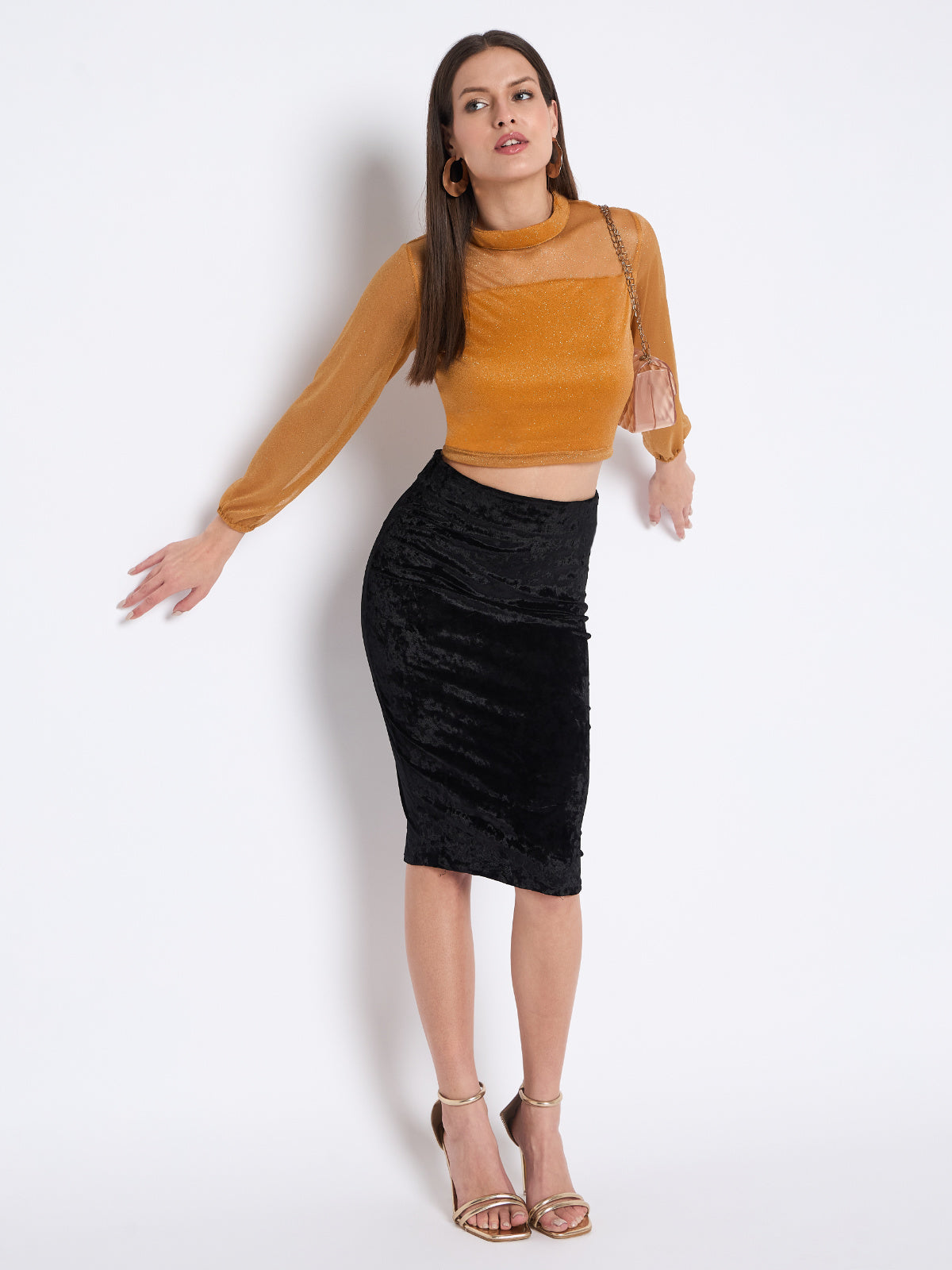 Women Mustard Glitter Crop Top