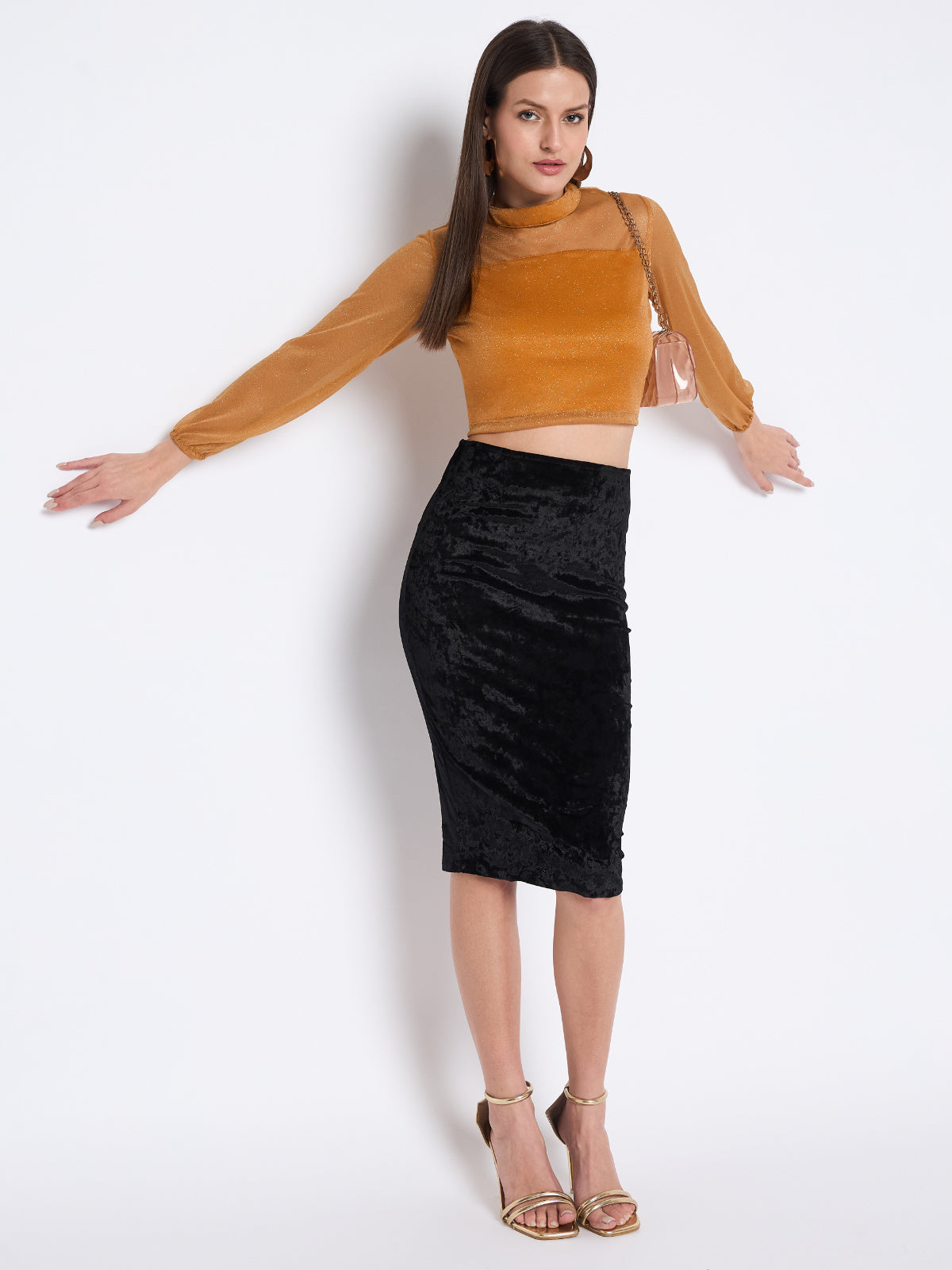 Women Mustard Glitter Crop Top