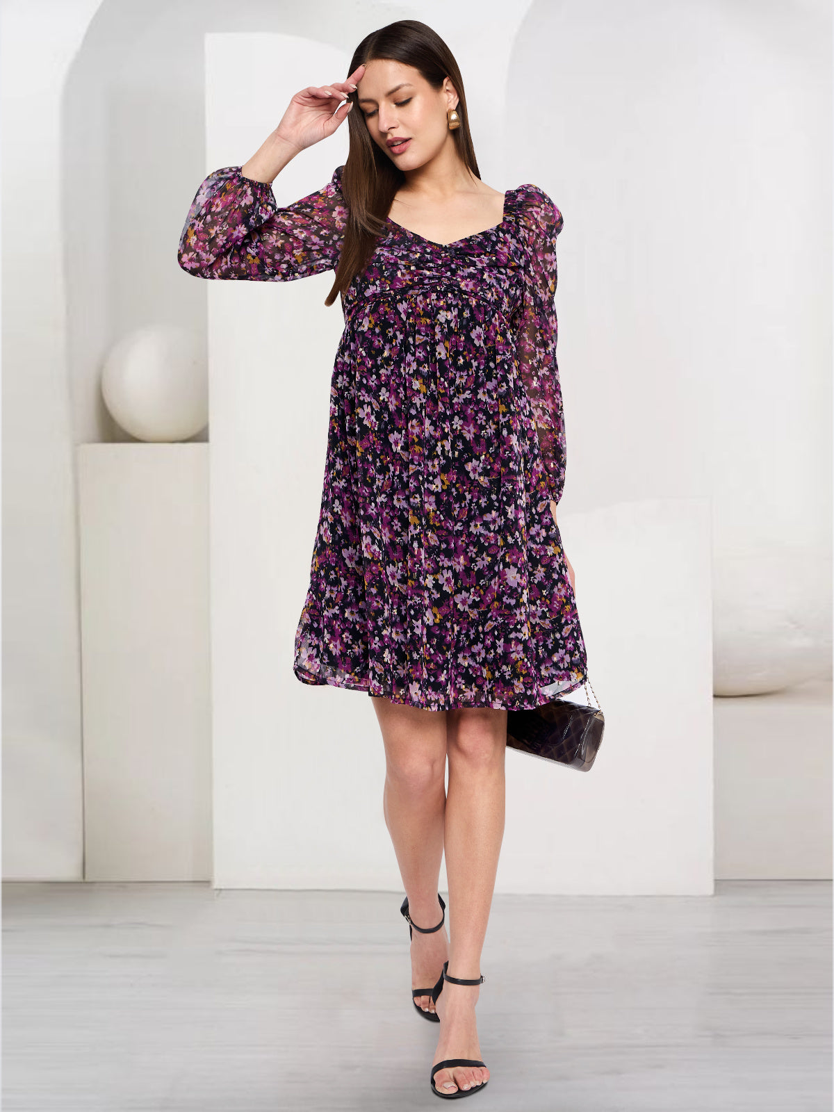 Women Purple Black Floral Dress