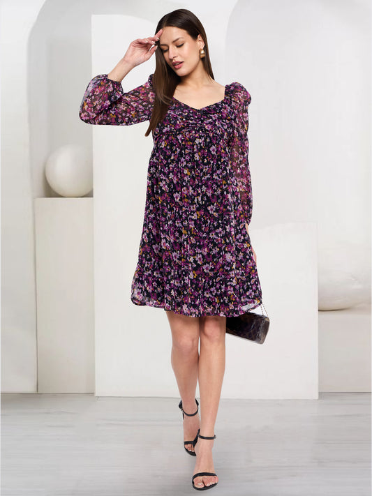 Women Purple Black Floral Dress