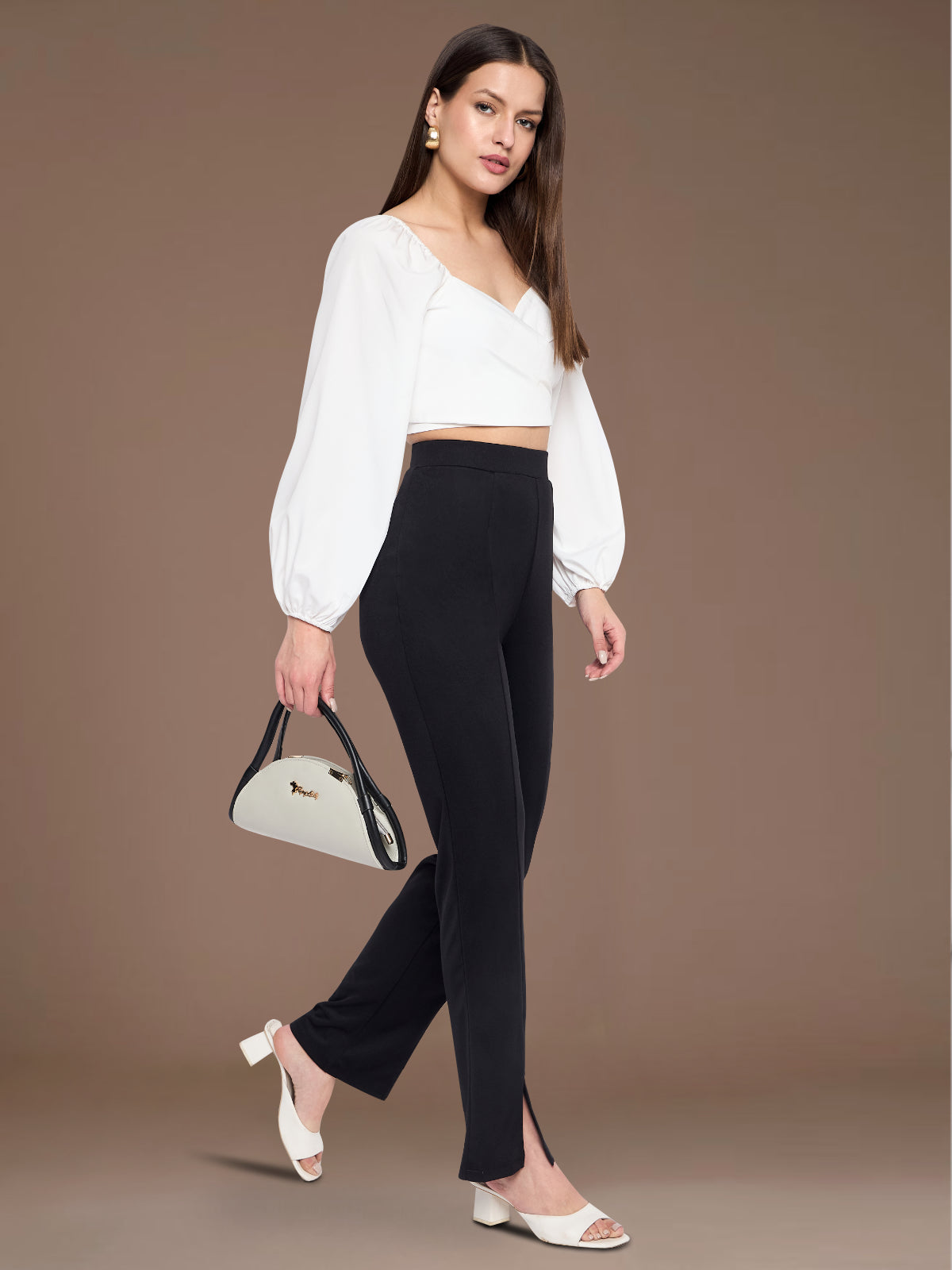 Women Black Slit Stretchable Trouser