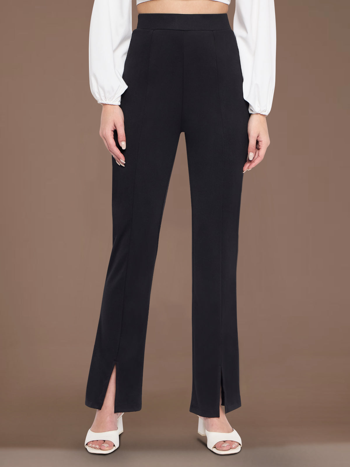 Women Black Slit Stretchable Trouser