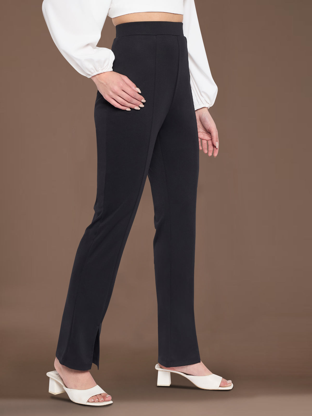 Women Black Slit Stretchable Trouser