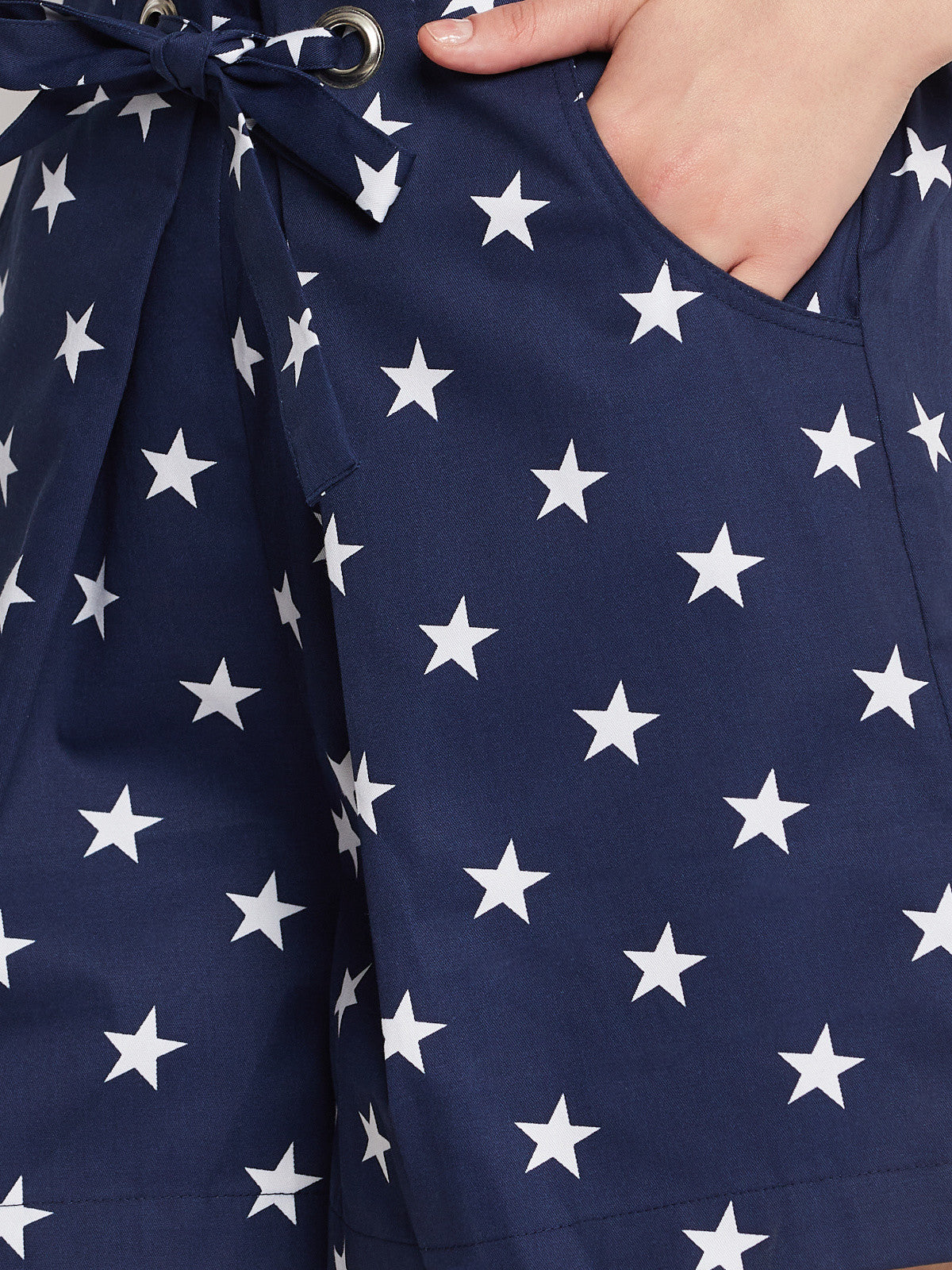 Women Navy Blue Printed Eyelet Shorts