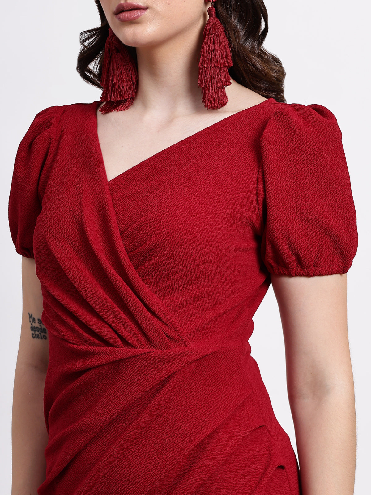 Women Maroon Puff Sleeve Dress
