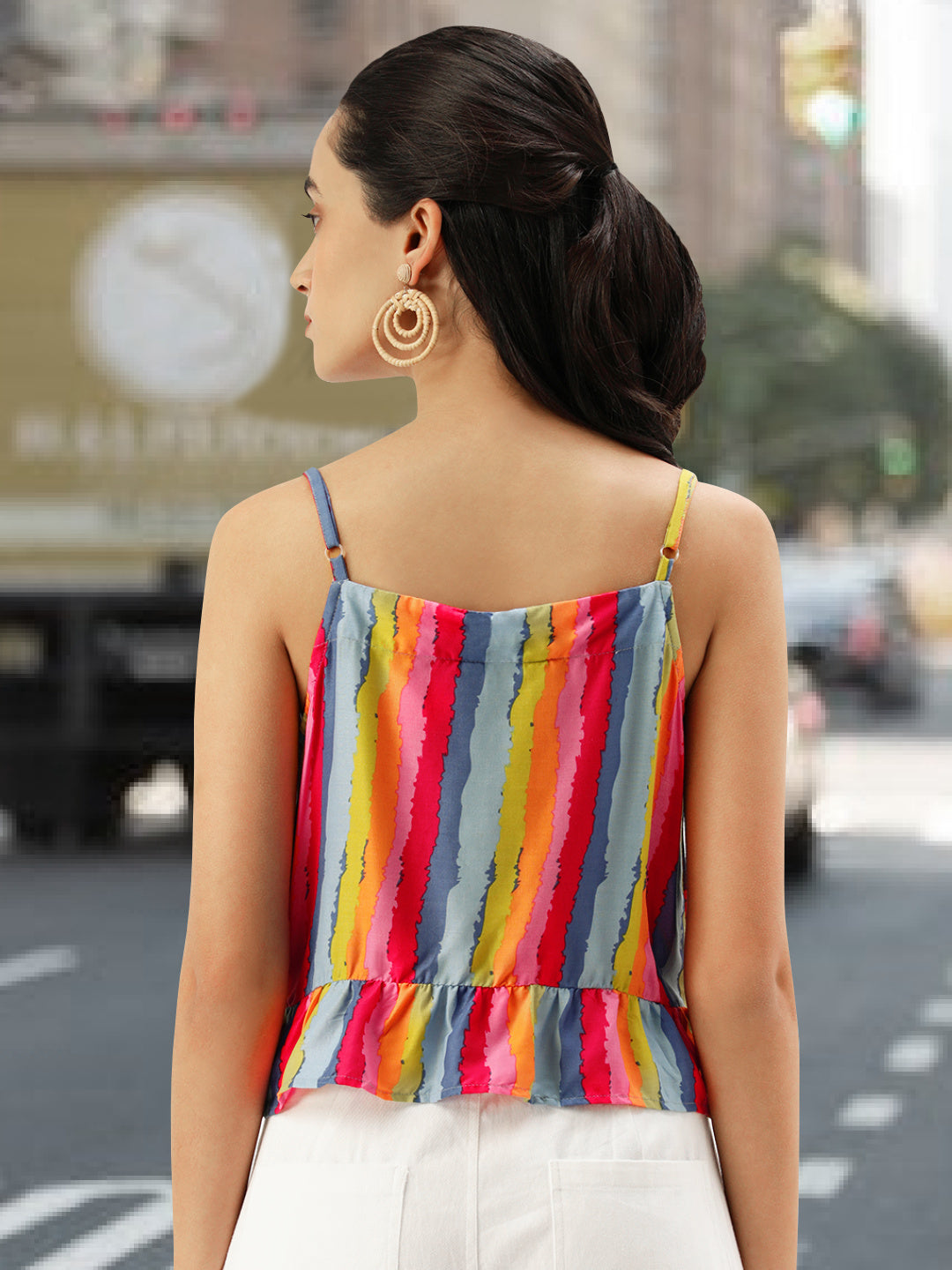 Women Blue Striped Rayon Crop Top