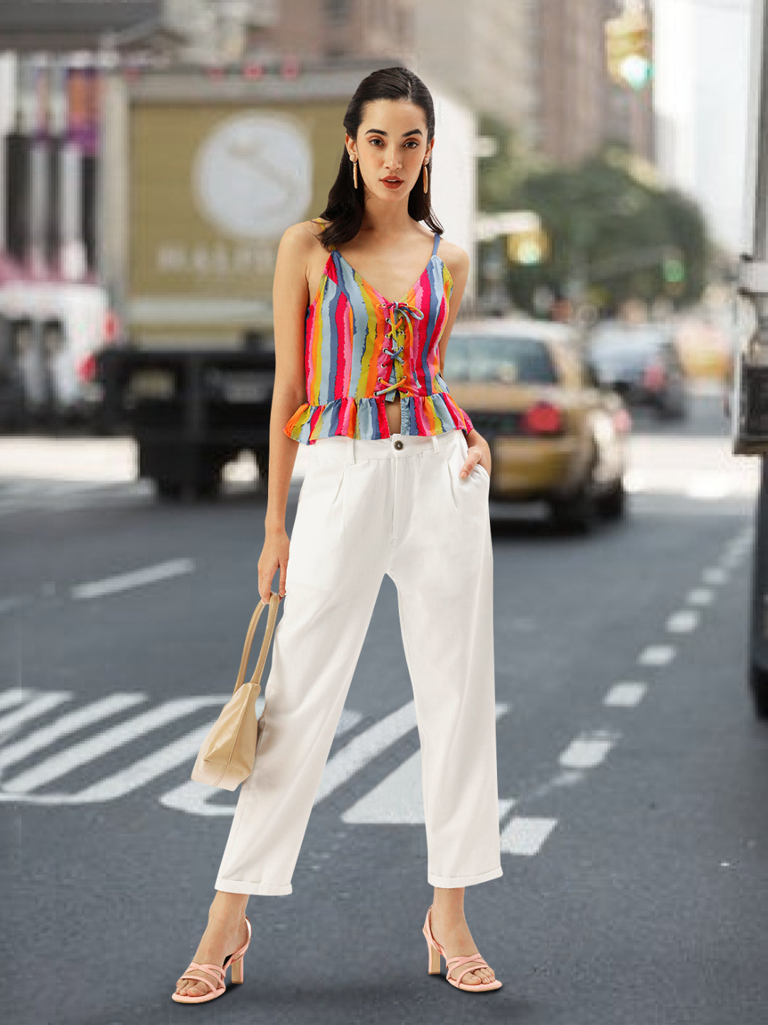 Women Blue Striped Rayon Crop Top