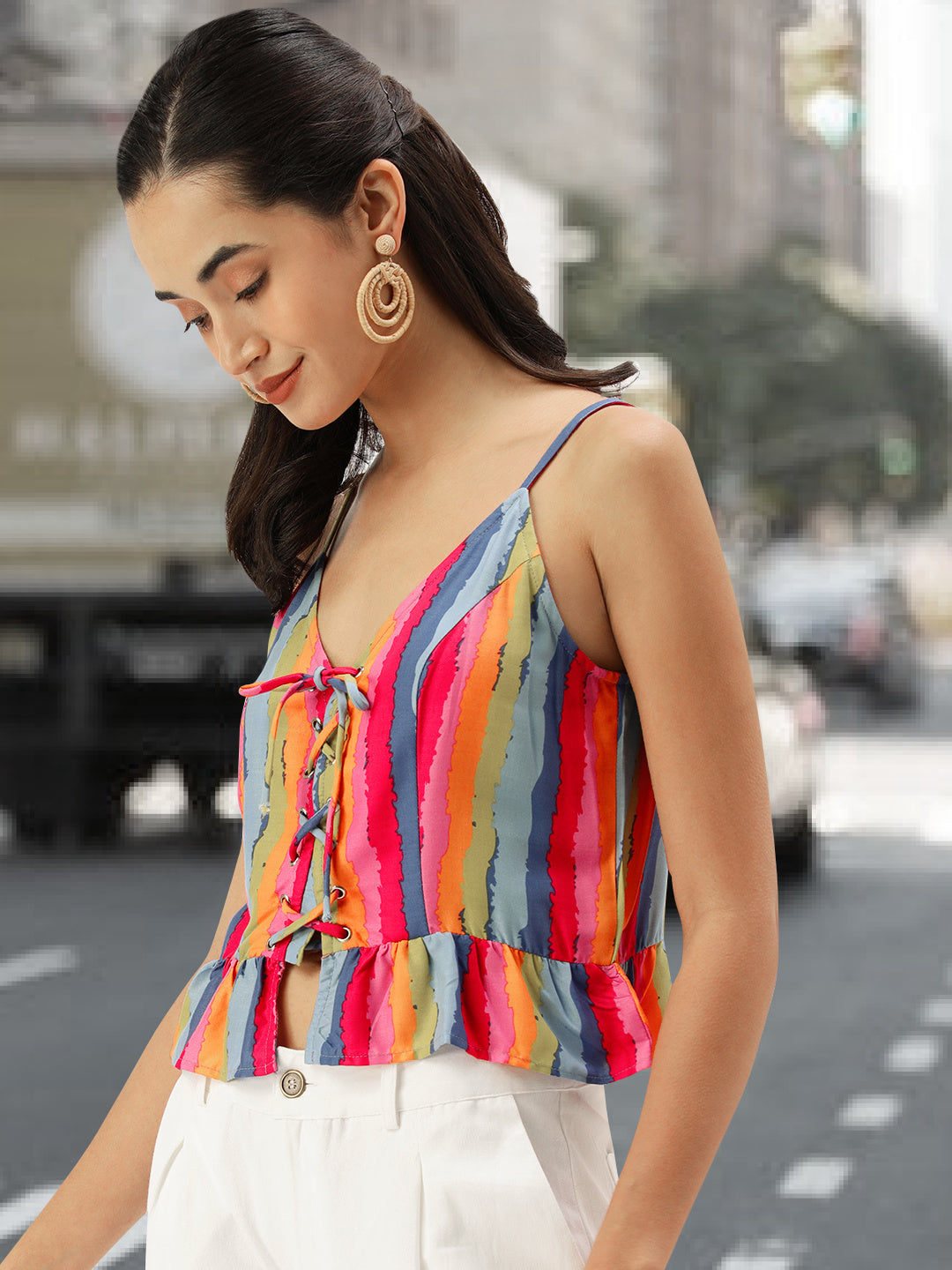 Women Blue Striped Rayon Crop Top