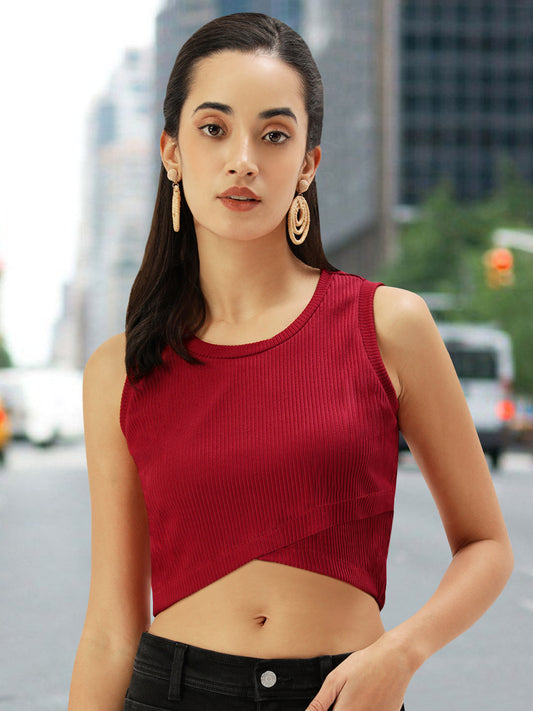 Women Red Rib Cross Over Top