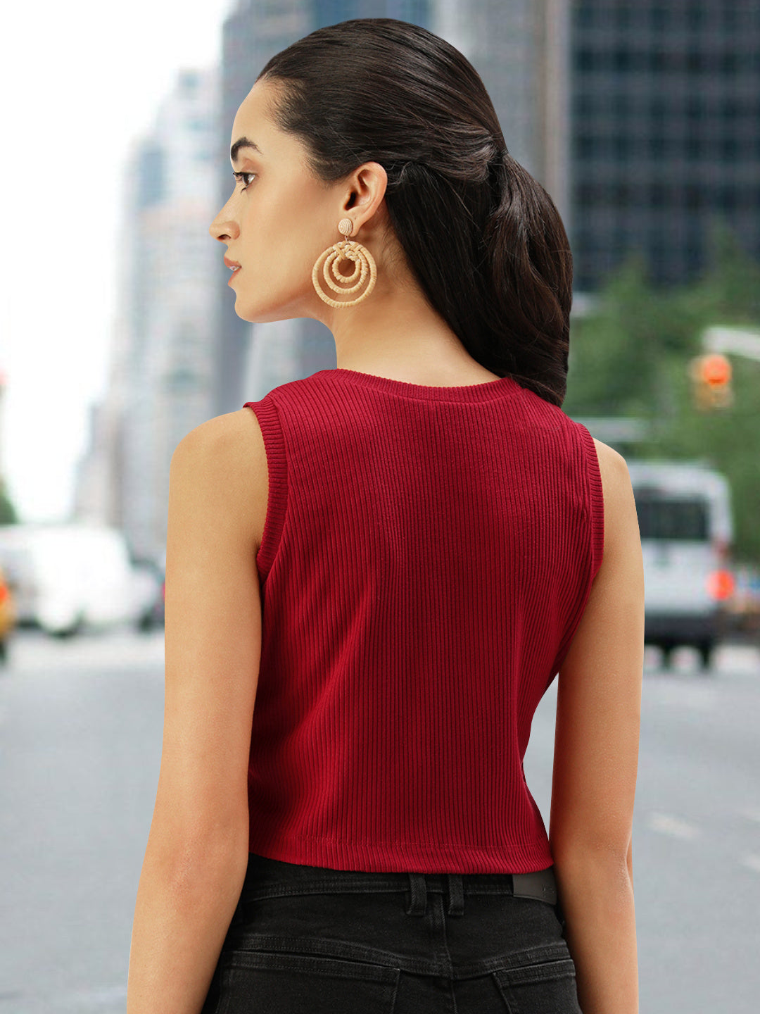 Women Red Rib Cross Over Top