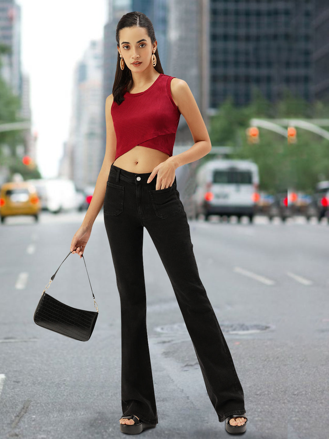 Women Red Rib Cross Over Top