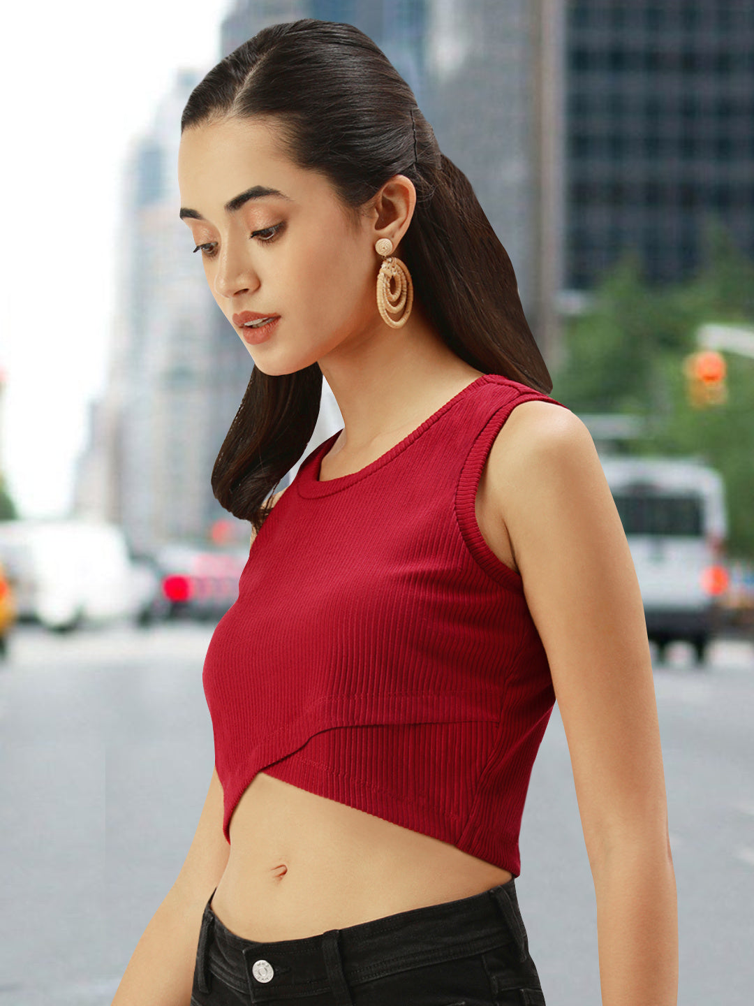 Women Red Rib Cross Over Top